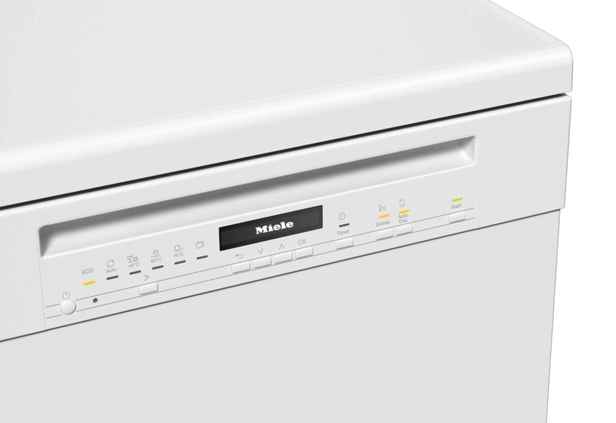 Primer plano del panel de control blanco de un lavavajillas Miele con pantalla y botones.