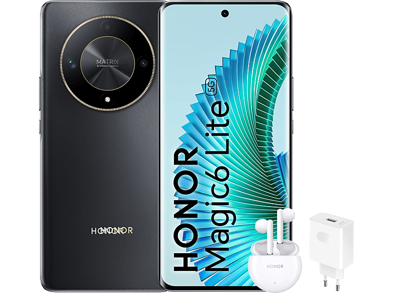 Móvil  Honor Magic6 Lite 5G, Midnight Black, 256GB, 8GB RAM, 6.78 OLED  Curva, Qualcomm® Snapdragon® 6, 5300 mAh+Earbuds X5+SuperCharge Power  Adapter