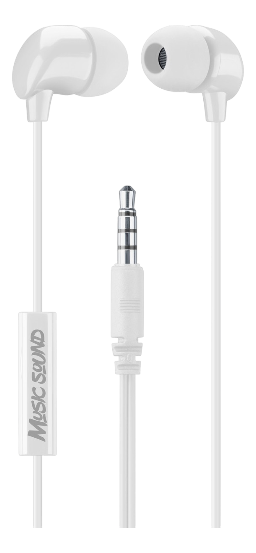 Écouteurs blancs avec une prise jack de 3,5 mm et un logo "Music Sound" sur le câble.