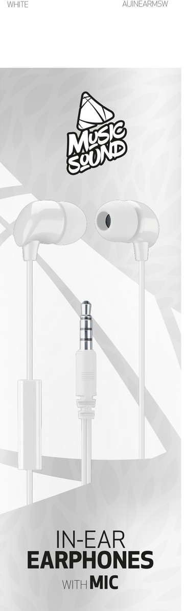 Écouteurs intra-auriculaires blancs avec micro et fond blanc.