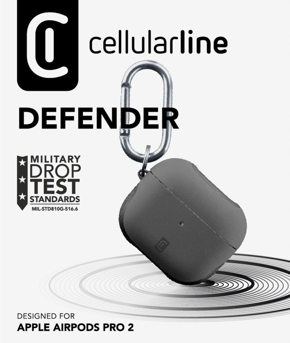 Étui AirPods noir avec mousqueton. Texte "DEFENDER" et "cellularline" sur fond blanc.
