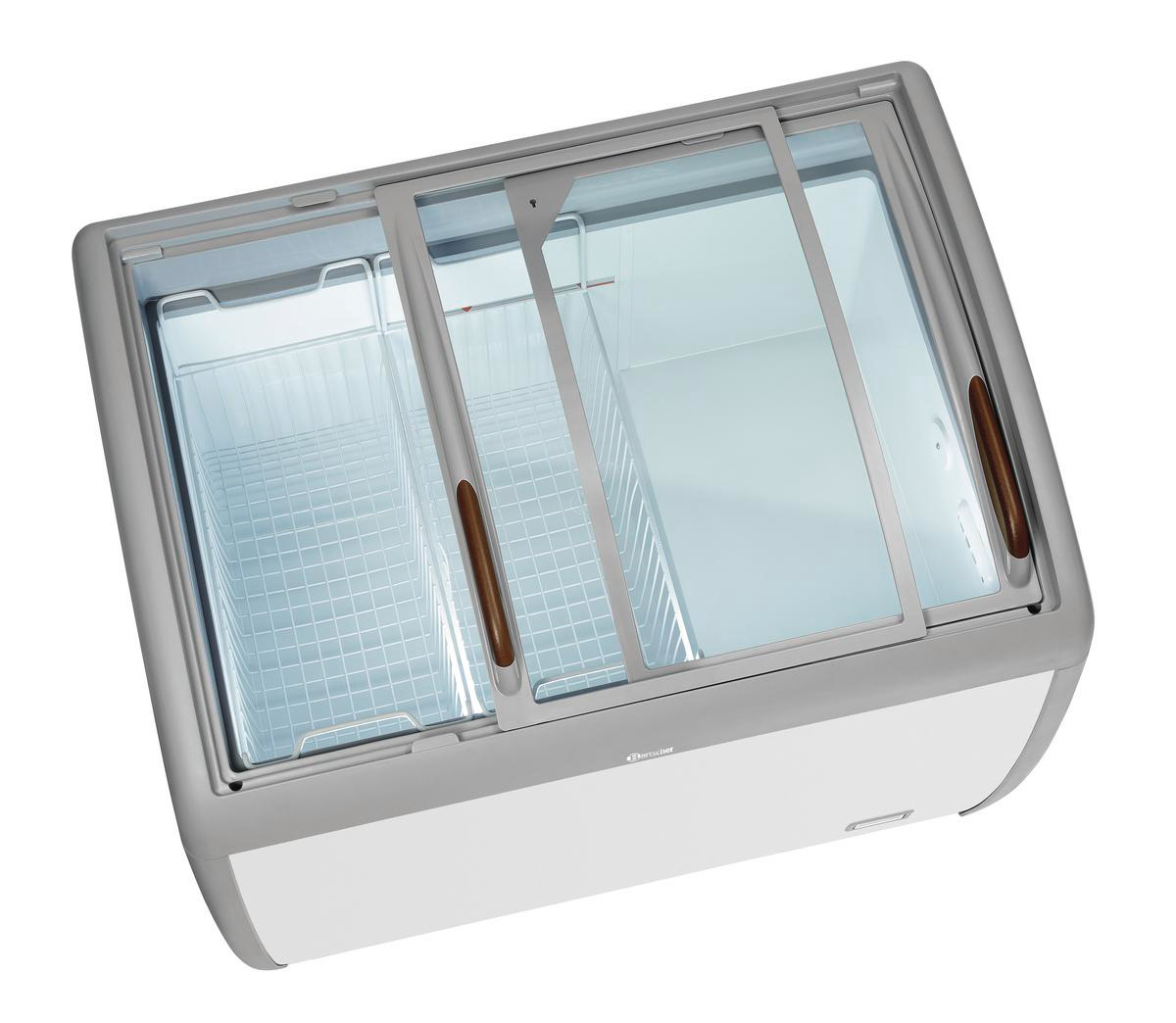 Ein Gefrierschrank mit Glasschiebetüren. Der Gefrierschrank ist weiß mit einem grauen Oberteil.