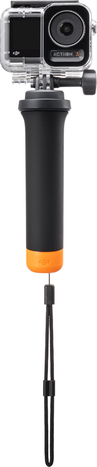 Schwarz-orange Kamera mit Griff und Handschlaufe, isoliert auf Weiß.