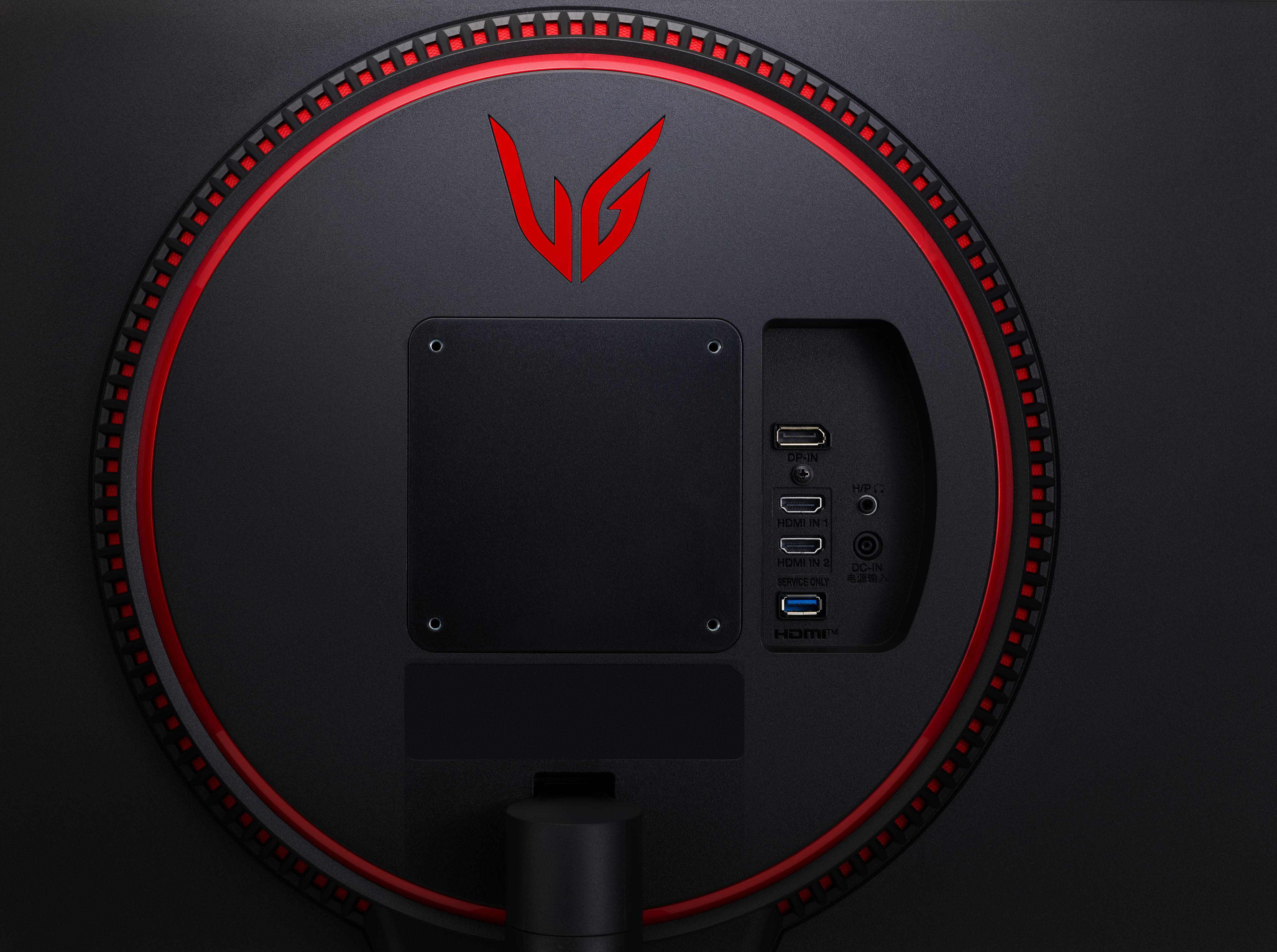 Rückseite des LG-Monitors mit roten Akzenten und sichtbaren Anschlüssen.