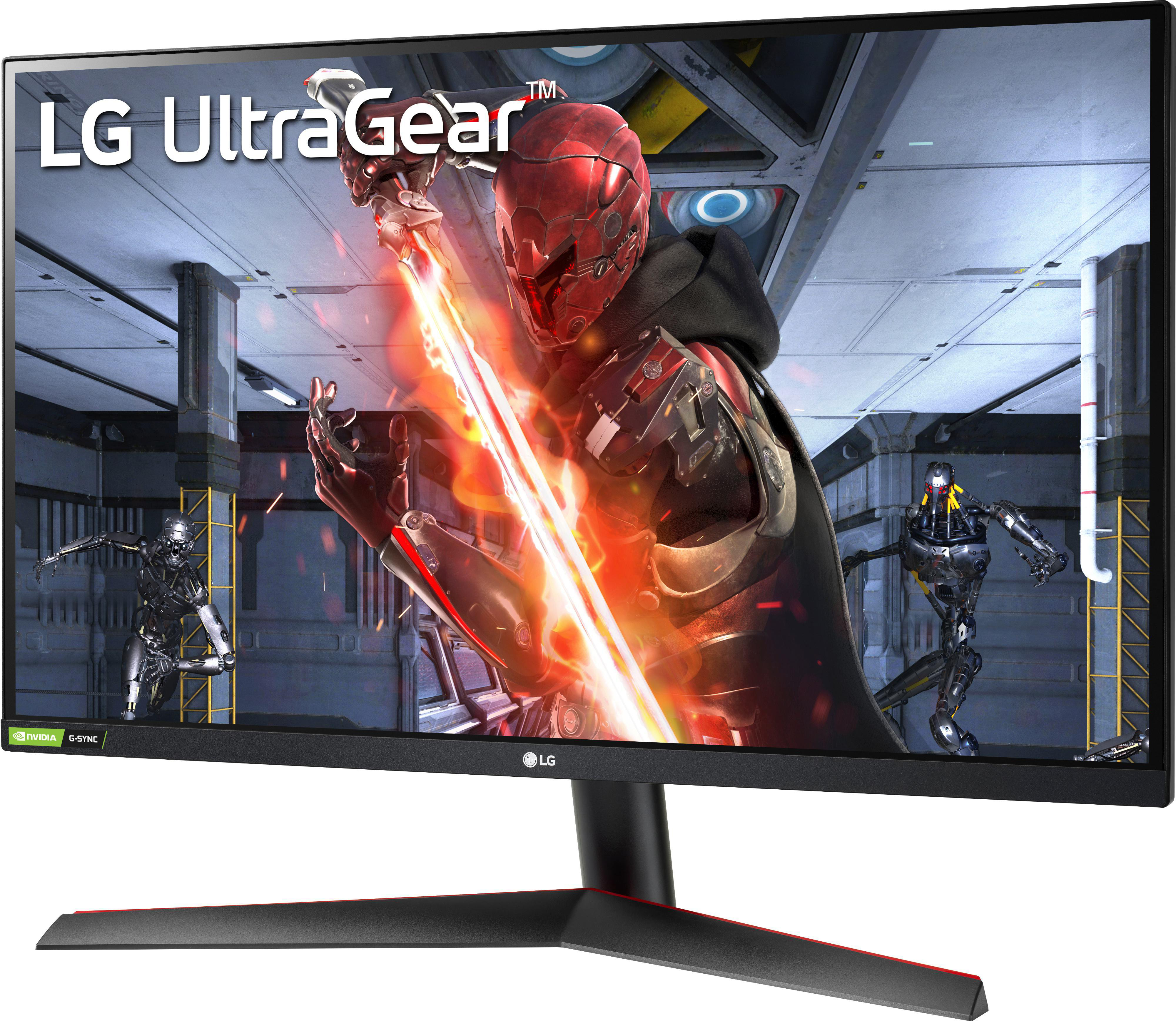LG UltraGear-Monitor, der eine Spielszene mit Figuren in futuristischer Umgebung zeigt.