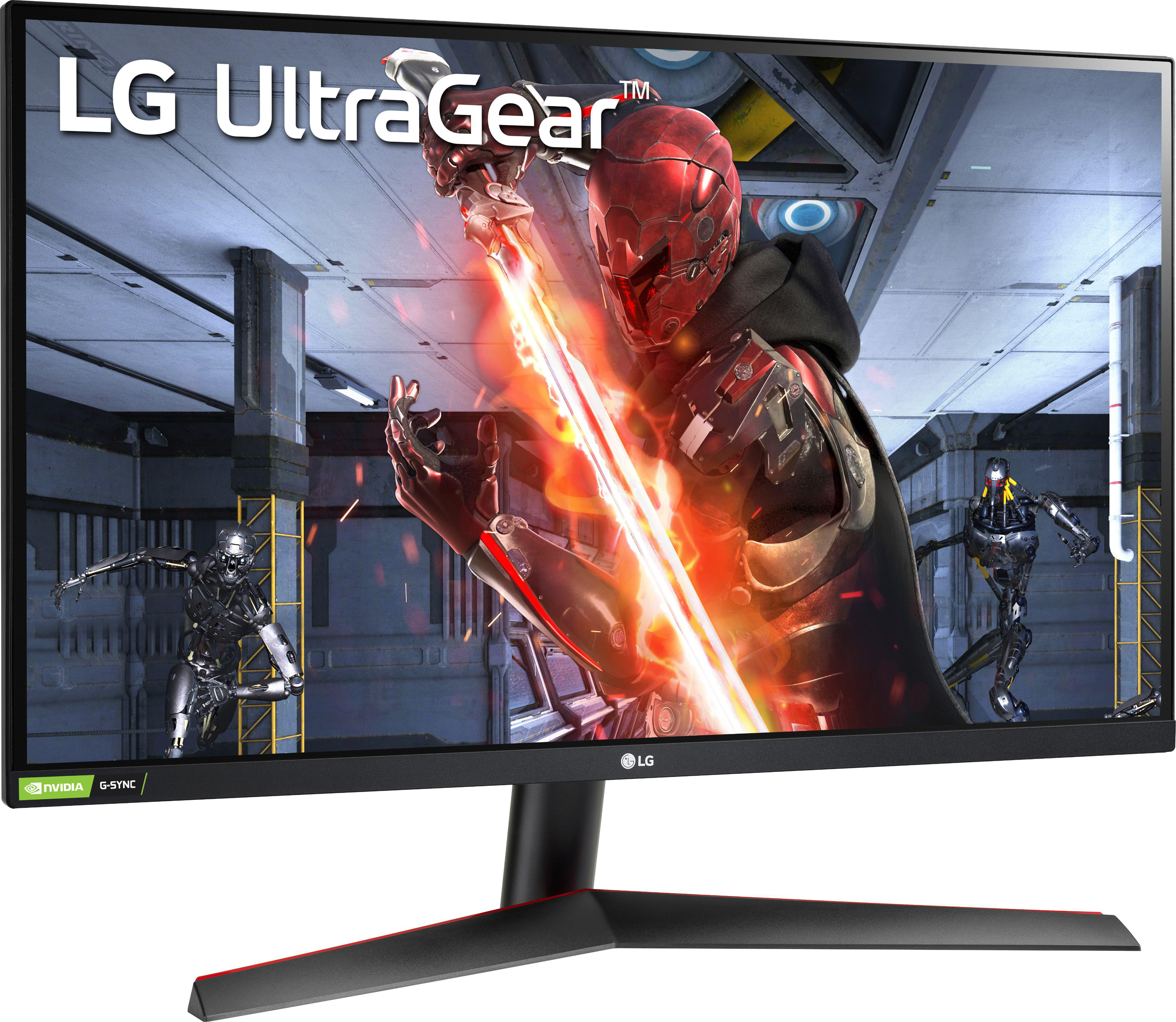 LG UltraGear Monitor mit einer Gaming-Szene, die Roboter und eine rot gepanzerte Figur zeigt.