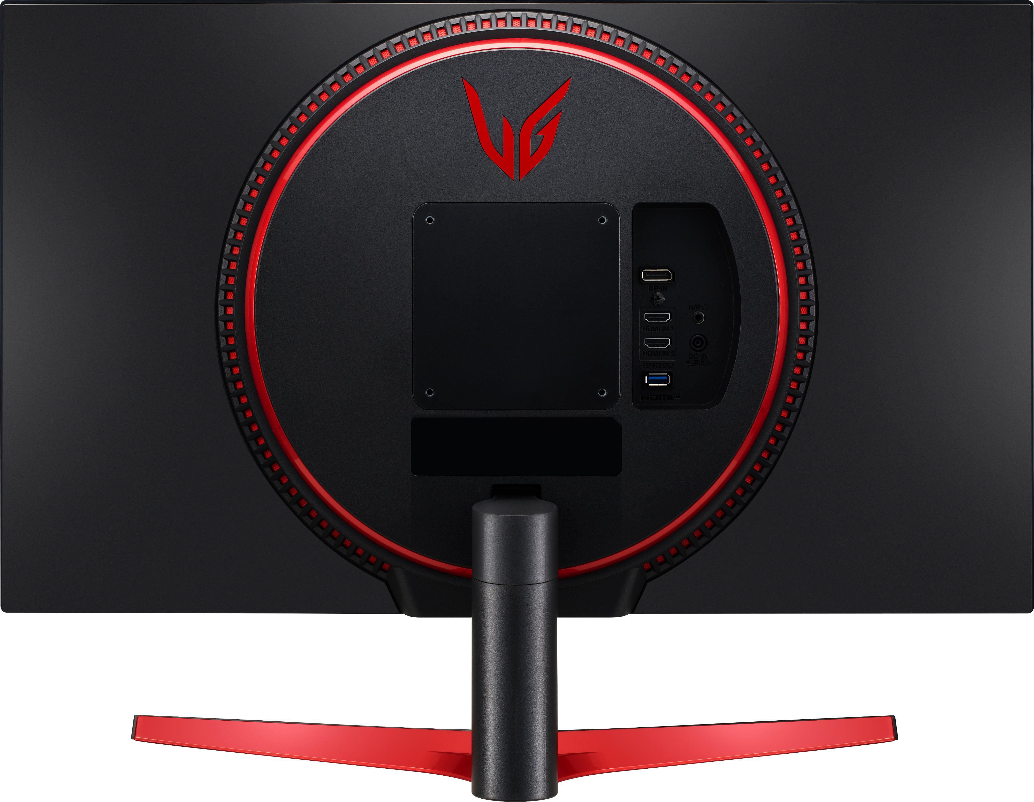 LG Monitorrückseite mit Anschlüssen, roten Akzenten und Ständer auf weißem Hintergrund.