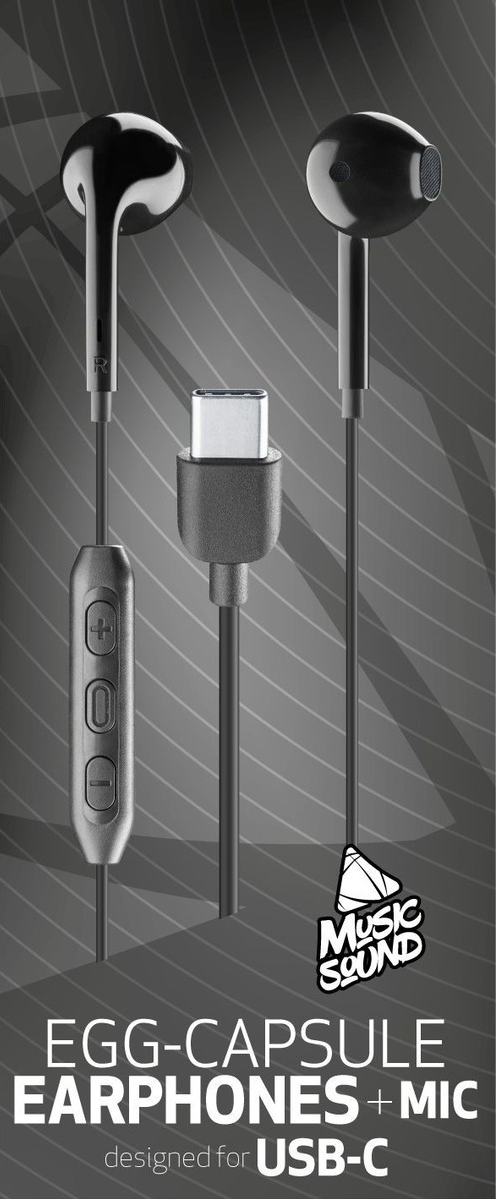 Auricolari neri con connettore USB-C e modulo di controllo, con la scritta 'MUSIC SOUND'.