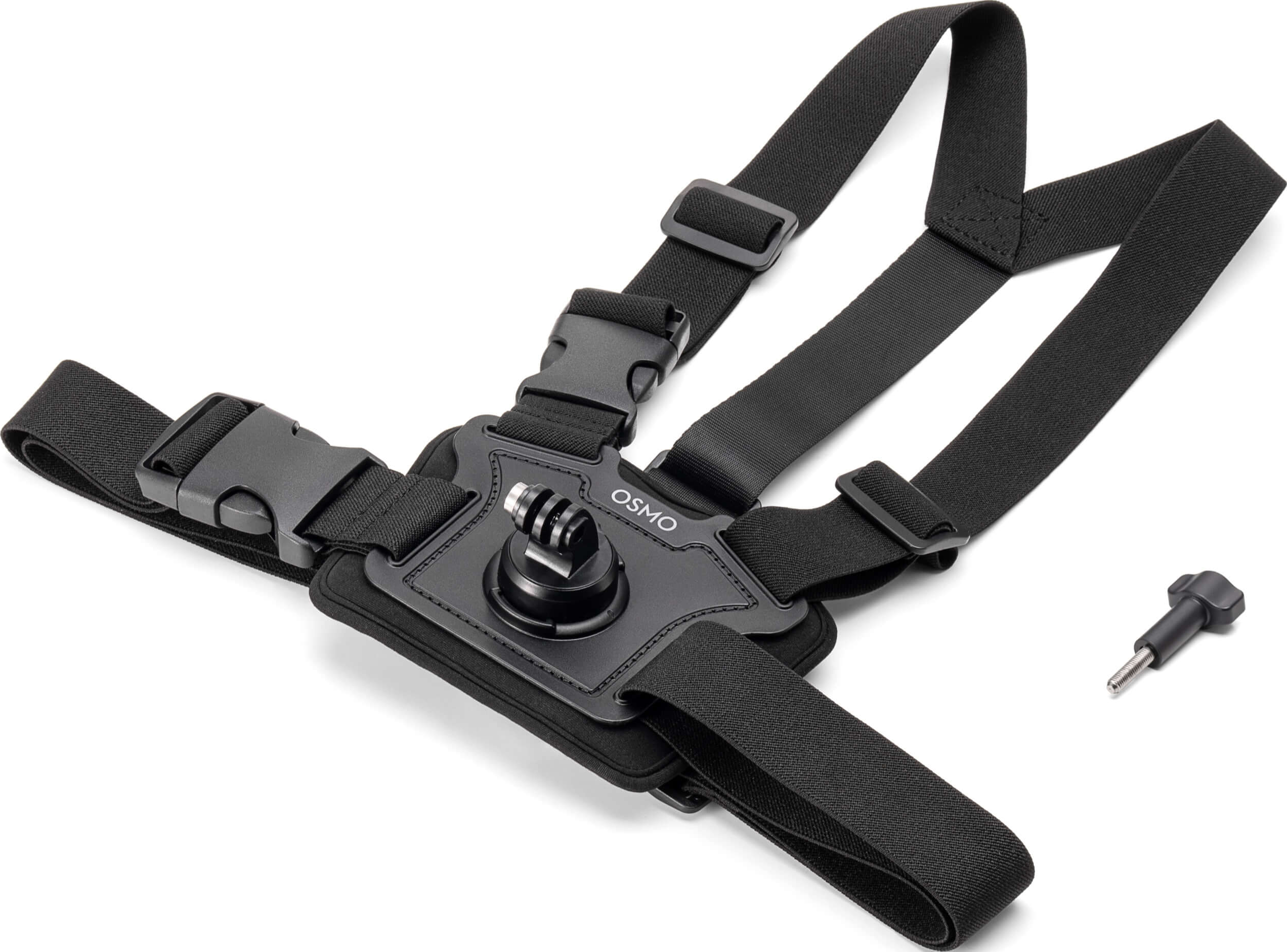 Sangle de poitrine noire avec support Osmo et boucles de réglage, plus une petite vis.