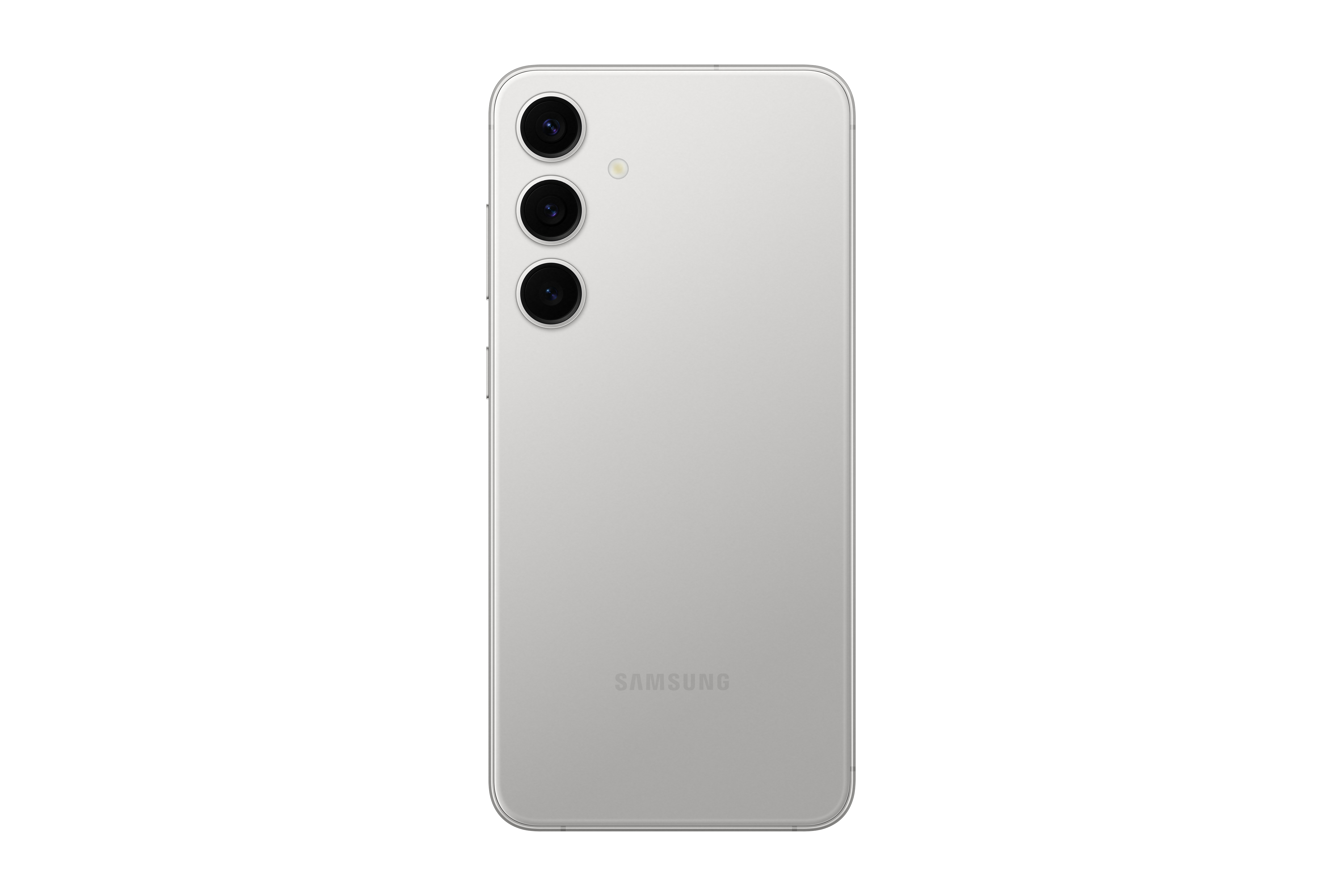 Die Rückseite eines silbernen Smartphones mit drei Kameralinsen und einem SAMSUNG-Logo.