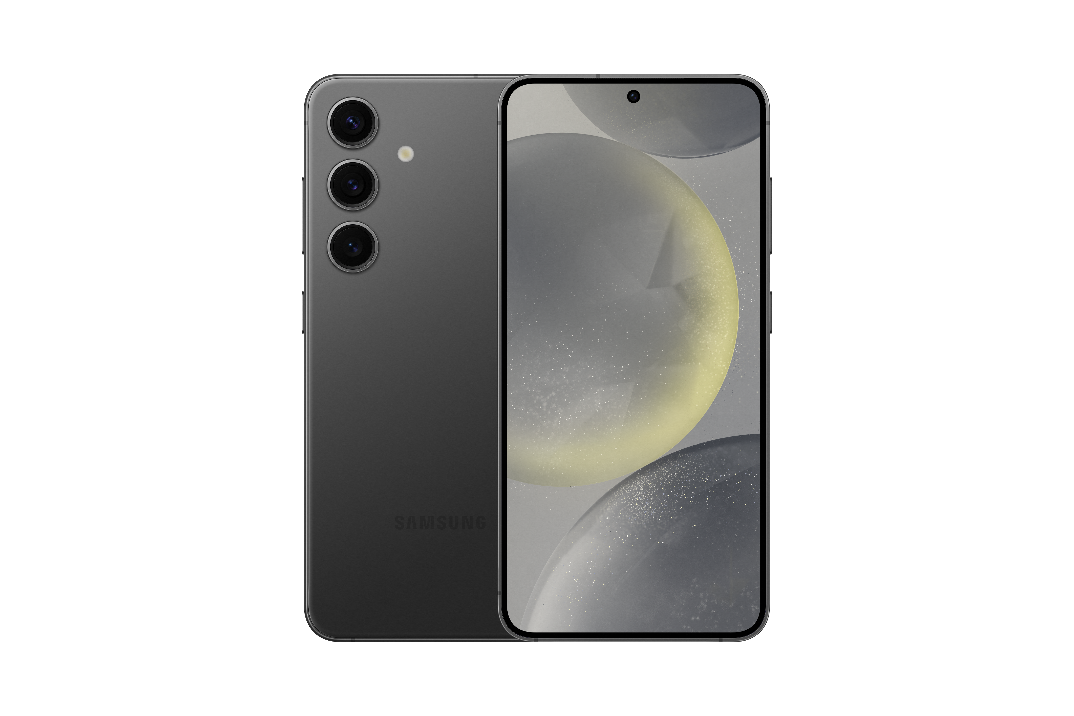 Graues Samsung-Telefon, Rück- und Vorderansicht. Drei Rückkameras. Der Bildschirm zeigt schwebende Kugeln.