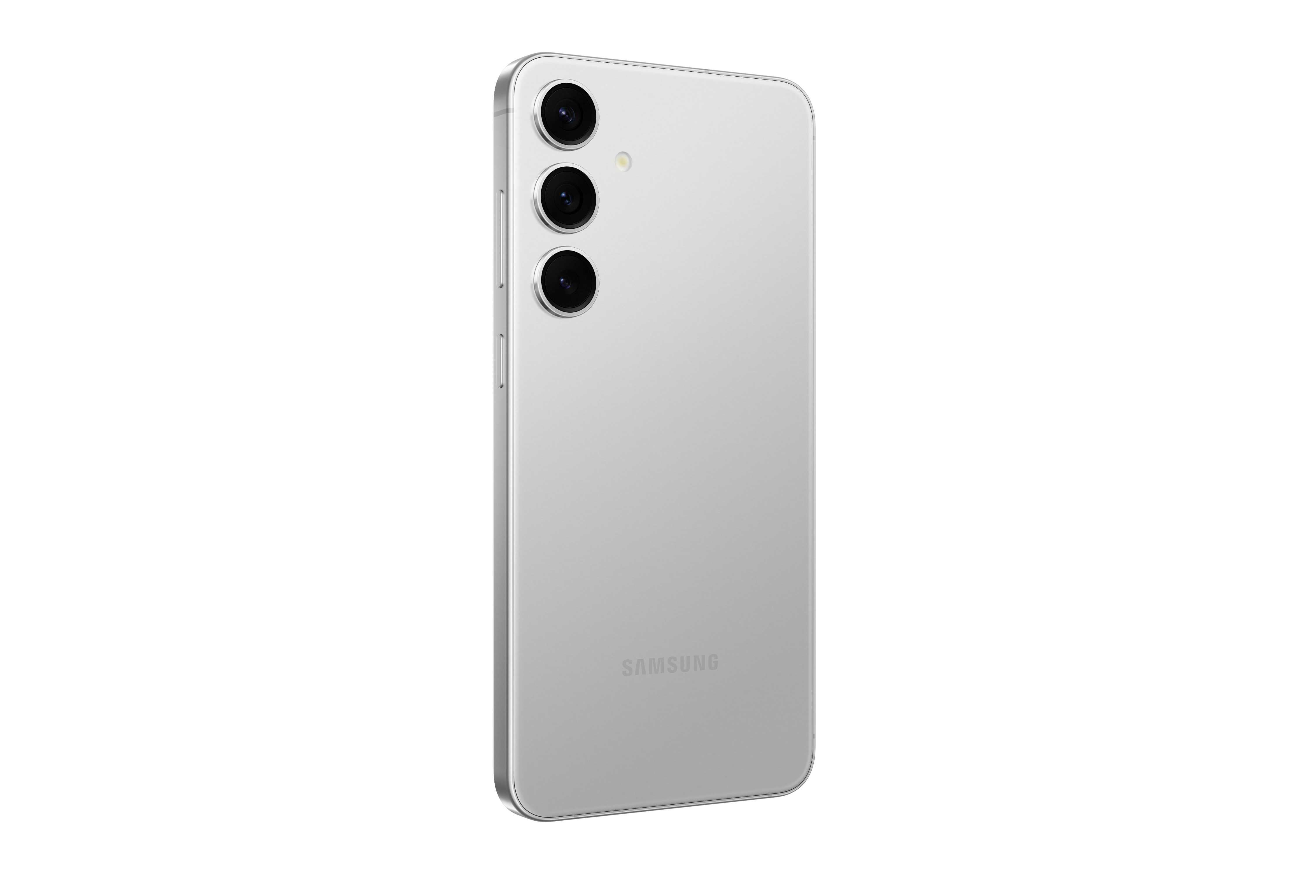 Silbernes Samsung-Telefon hinten mit drei Kameras. Weißer Hintergrund. Samsung-Logo unten.