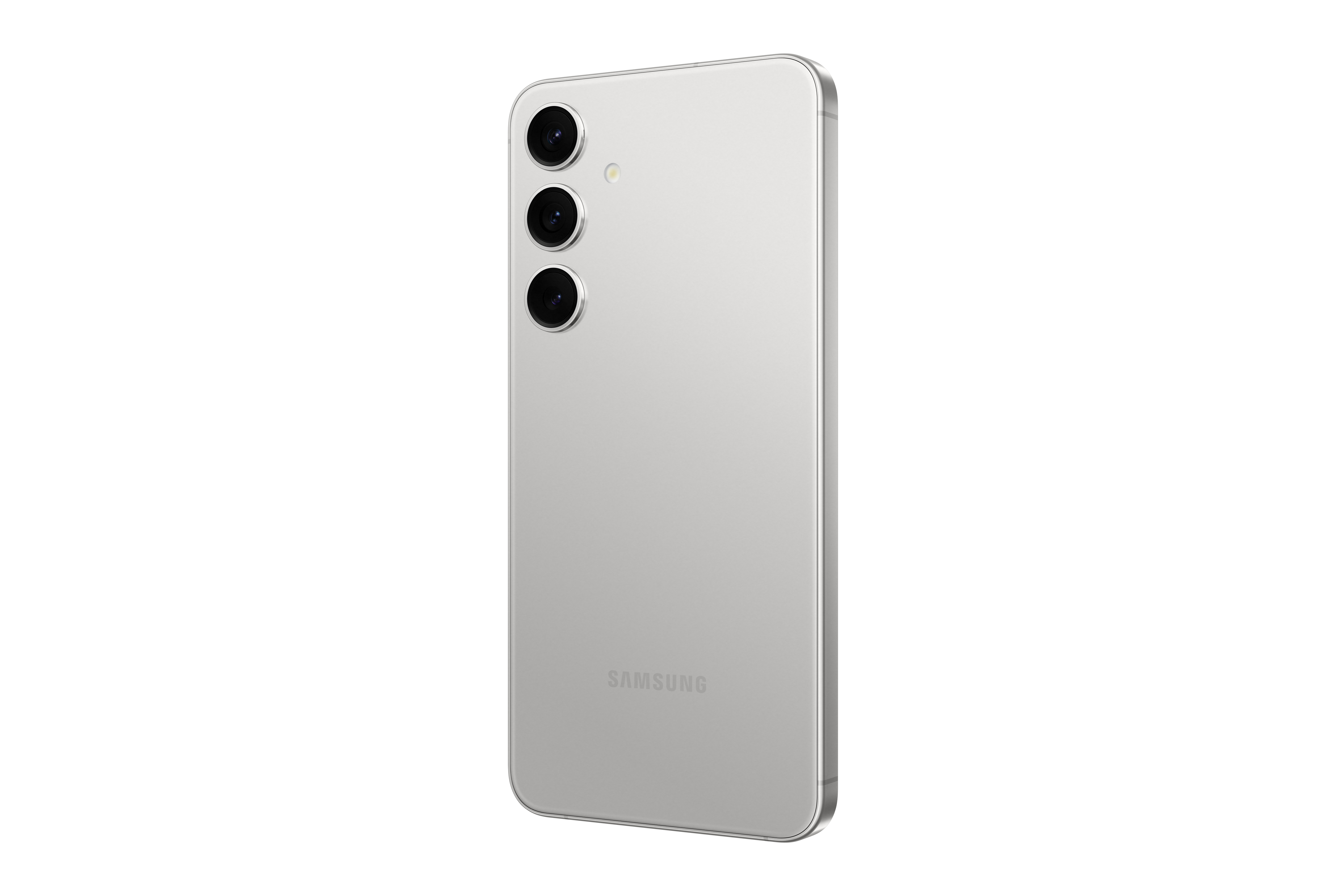 Silbernes Smartphone, Rückansicht. Drei Kameras vertikal ausgerichtet. Samsung-Logo unten.