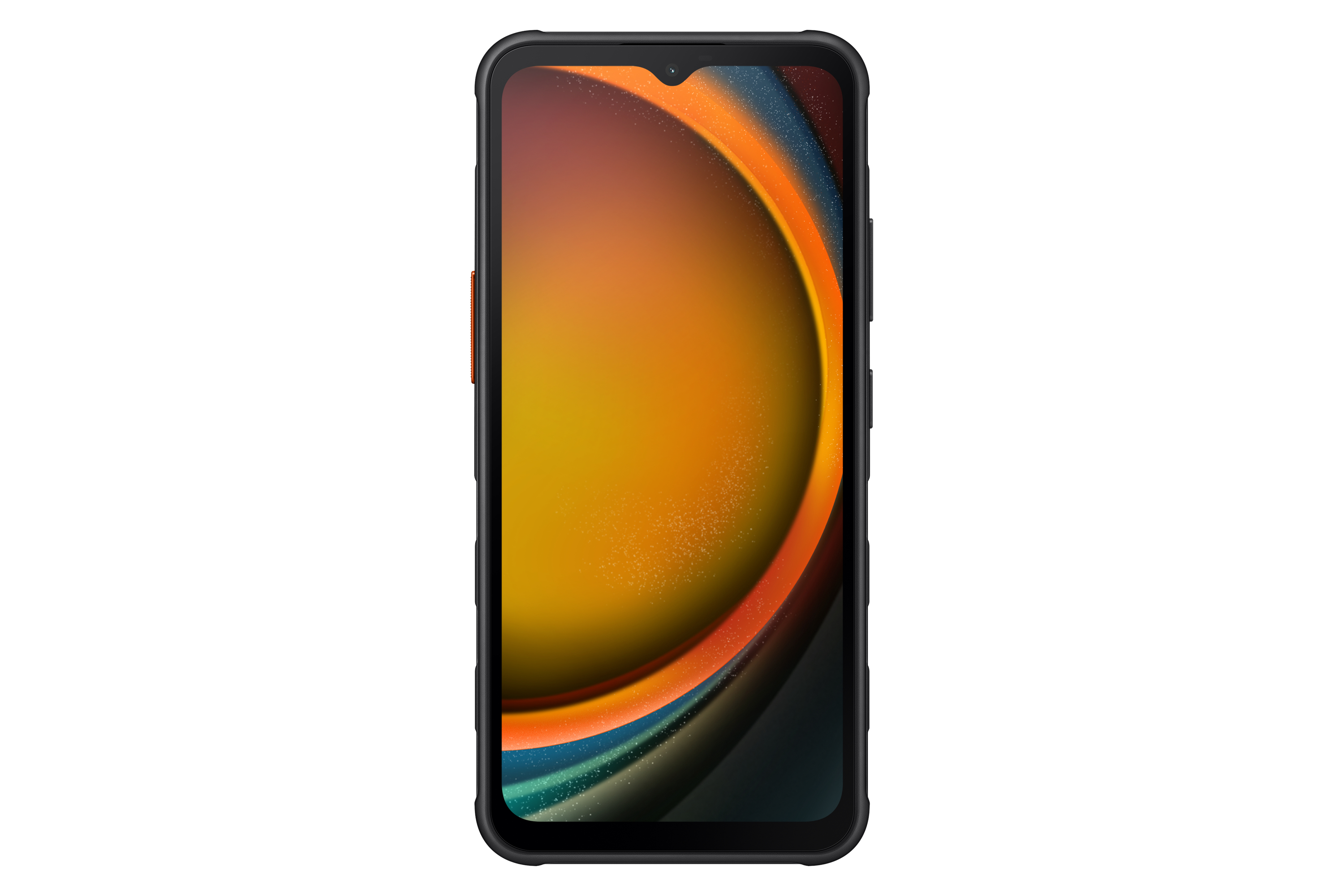 Schwarzes Smartphone mit orangefarbenen Akzenten auf weißem Hintergrund.