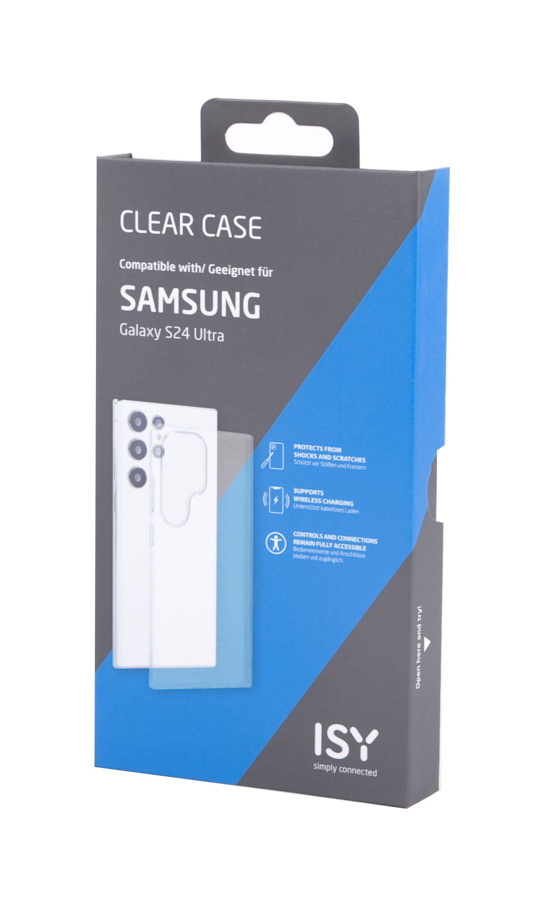 Klare Hülle für Samsung Galaxy S24 Ultra, mit Telefongrafik, auf Weiß.