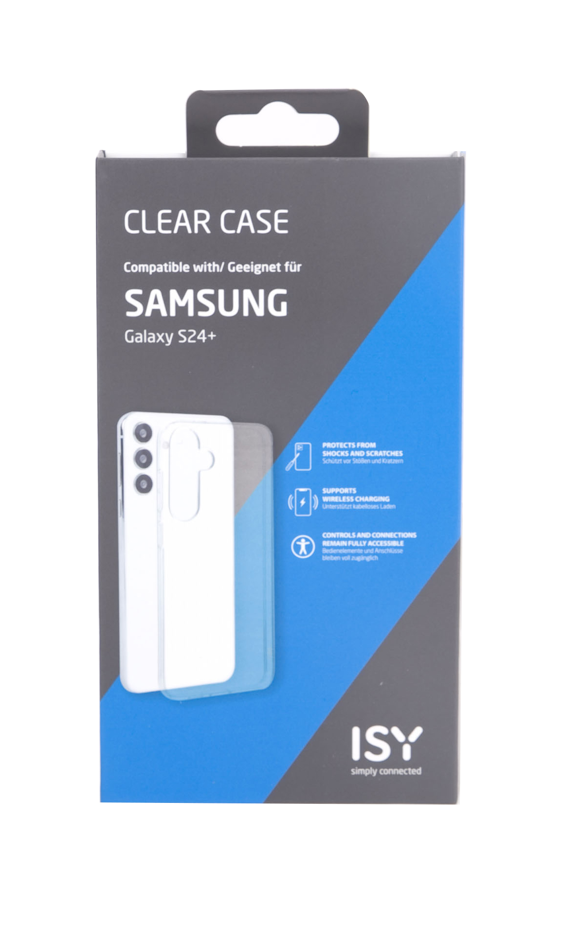 Klare Hülle für Samsung Galaxy S24+. Weiße Hülle durch transparenten Teil sichtbar.