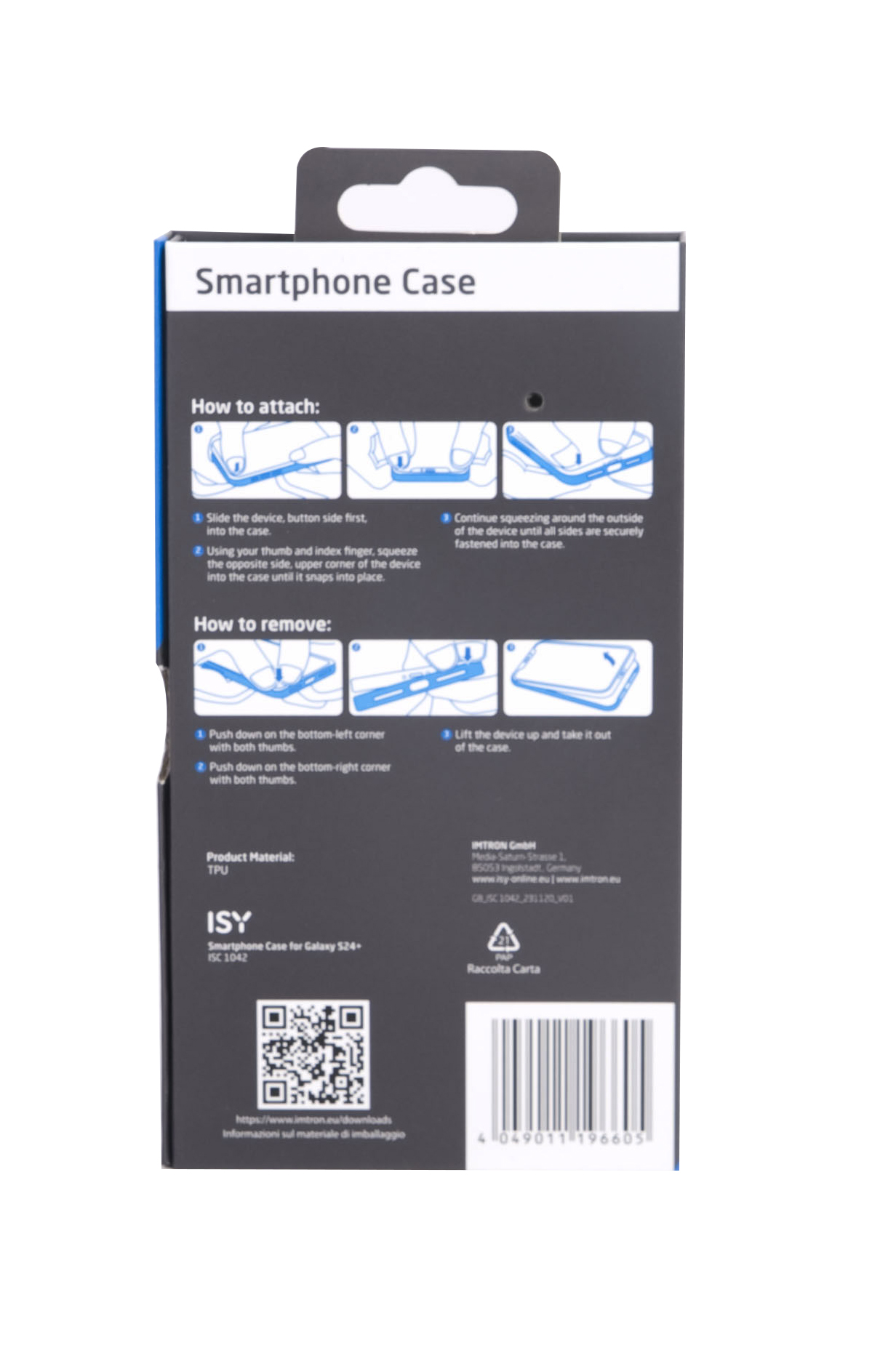 Rückseite einer Smartphone-Hüllenbox mit Anleitung zum Anbringen und Entfernen der Hülle.