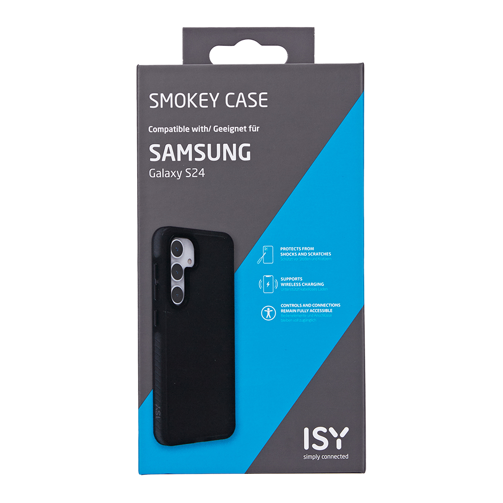 Eine schwarze Handyhülle in einer schwarz-grauen Box. Text: 'Smokey Case' für ein Samsung Galaxy S24.