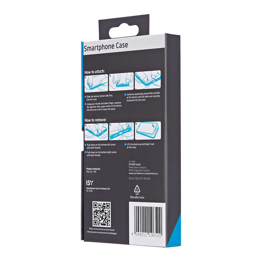 Die Rückseite einer Smartphone-Hüllenbox mit Anweisungen und einem Barcode. Schwarz- und Blautöne.