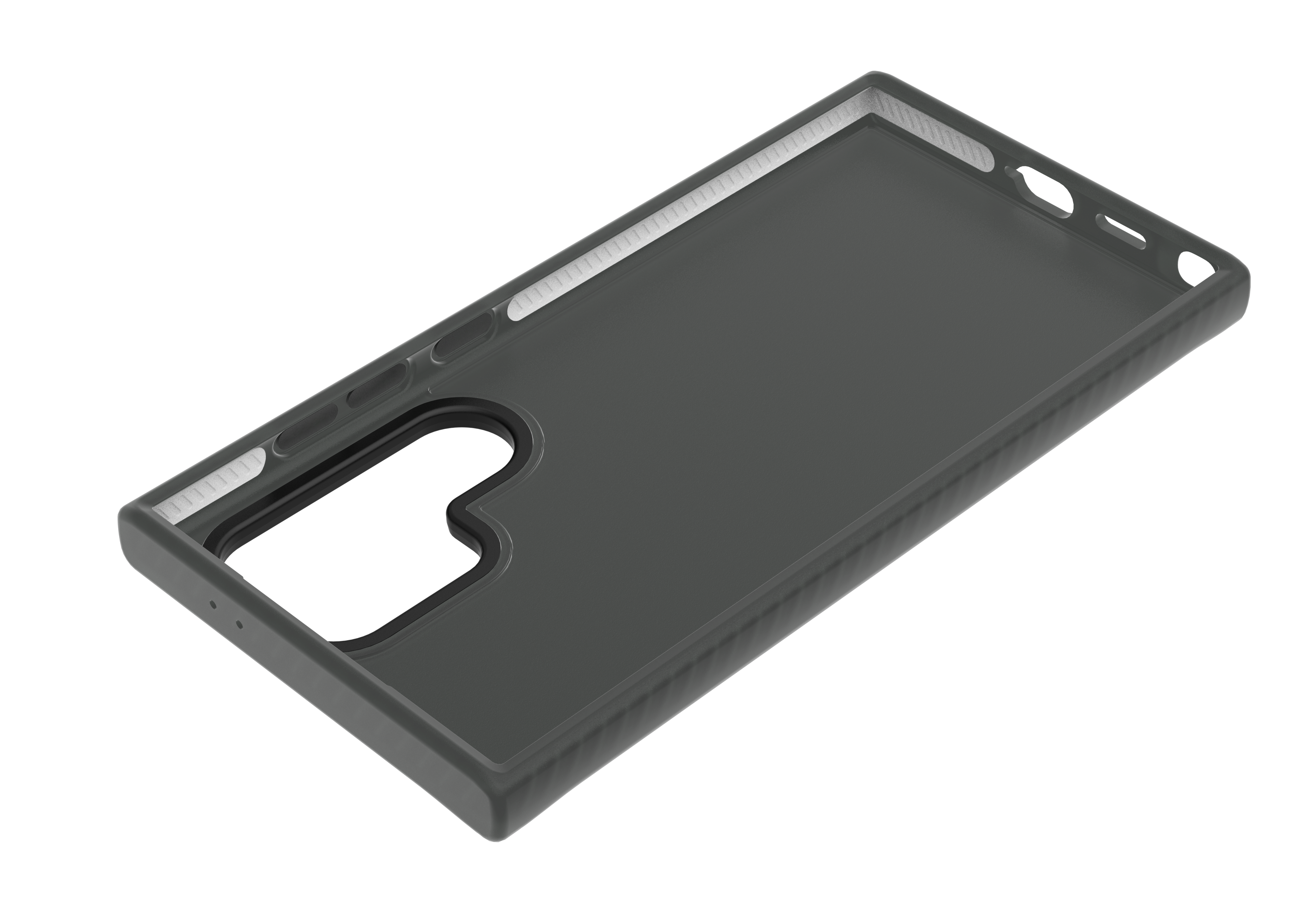 Schwarze Telefonhülle innen, offen, mit Kanten und einem gebogenen Ausschnitt.