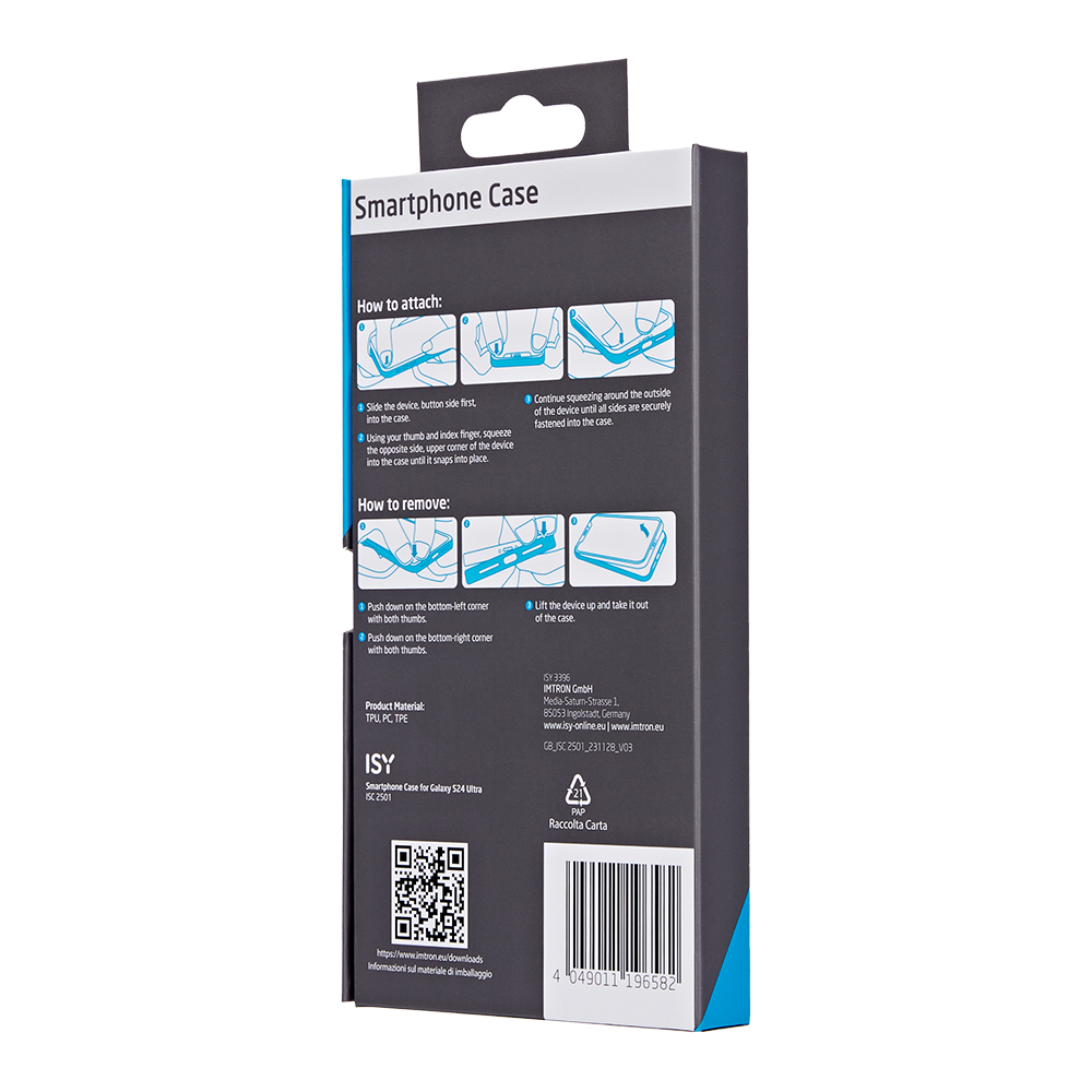 Smartphone-Hülle-Box. Anweisungen, QR-Code und Produktdetails auf der Rückseite. Blaues und weißes Farbschema.