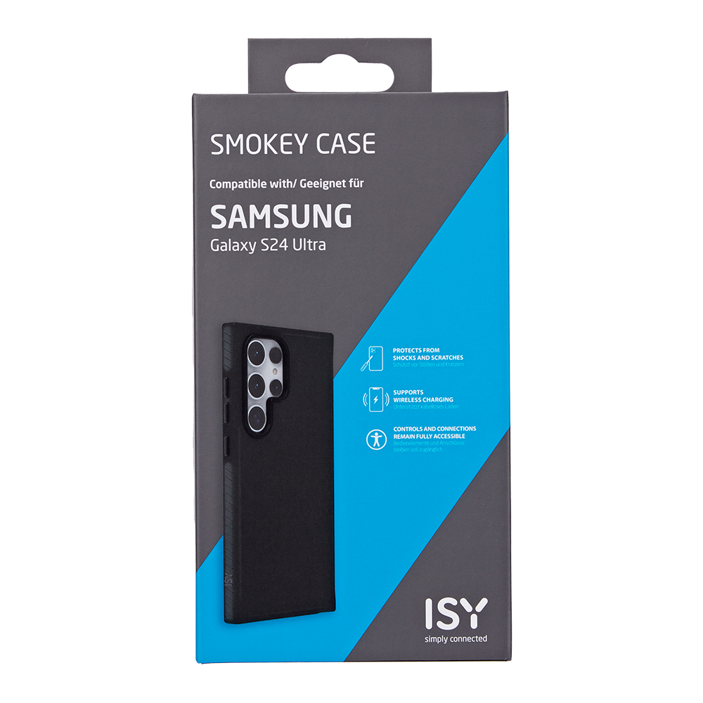 Box mit der Aufschrift 'SMOKEY CASE' für Samsung Galaxy S24 Ultra, mit einer Handyhülle darin.