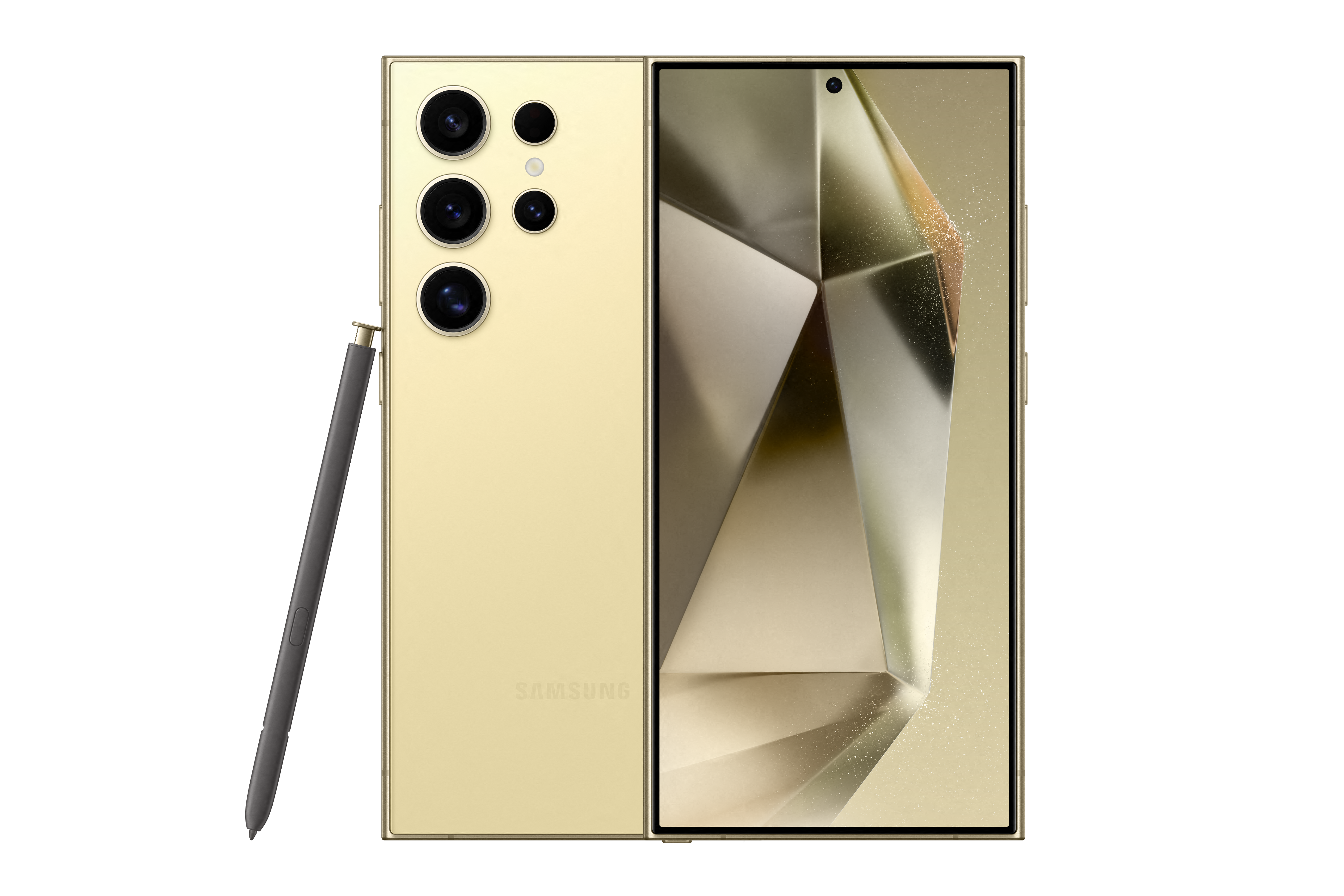 Goldenes Telefon mit drei Rückkameras und Stift. Zusätzliches Telefon mit abstrakter Designanzeige.