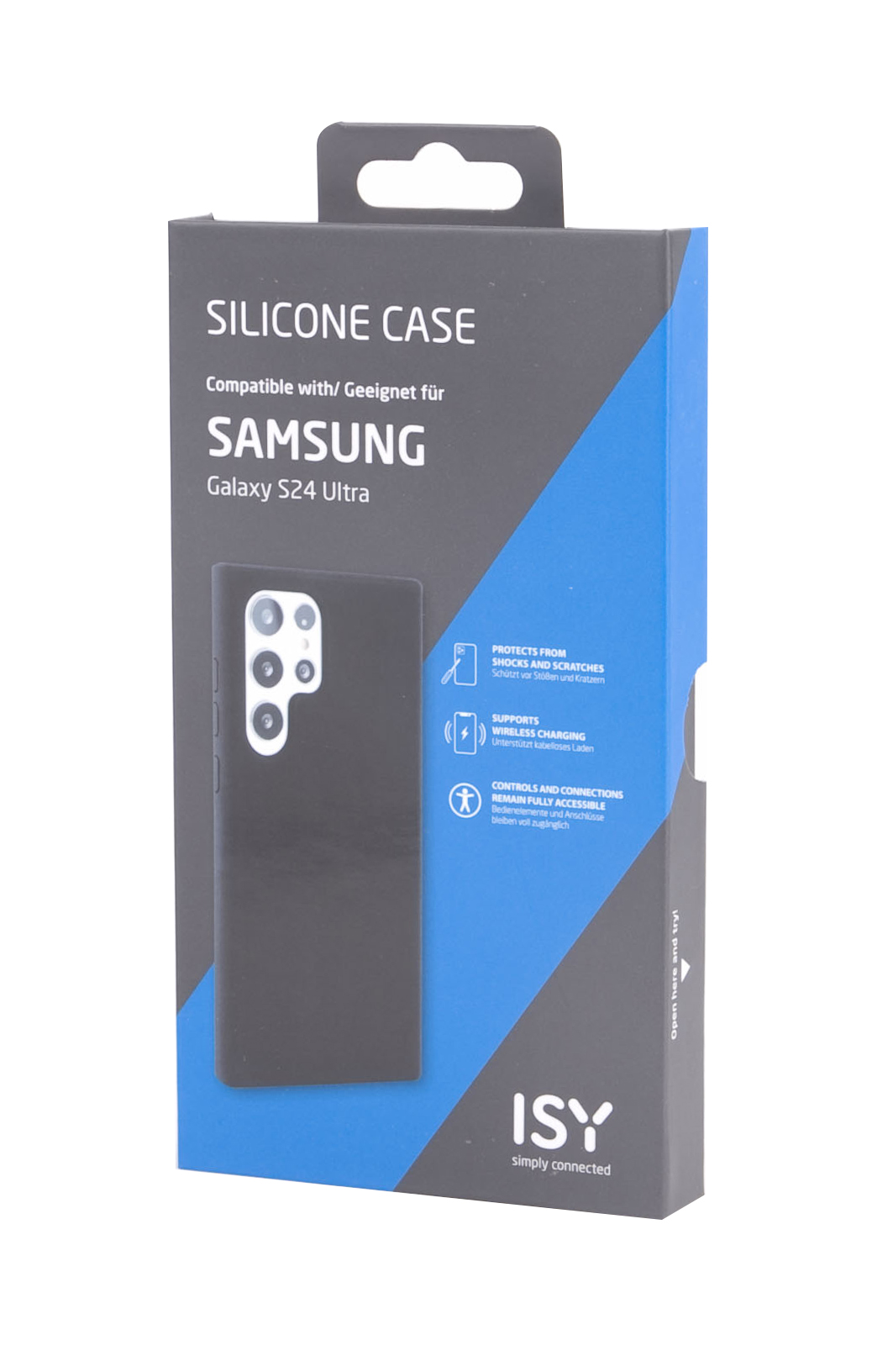 Schwarze Handyhülle in ihrer Box, mit einer Telefon-Silhouette.