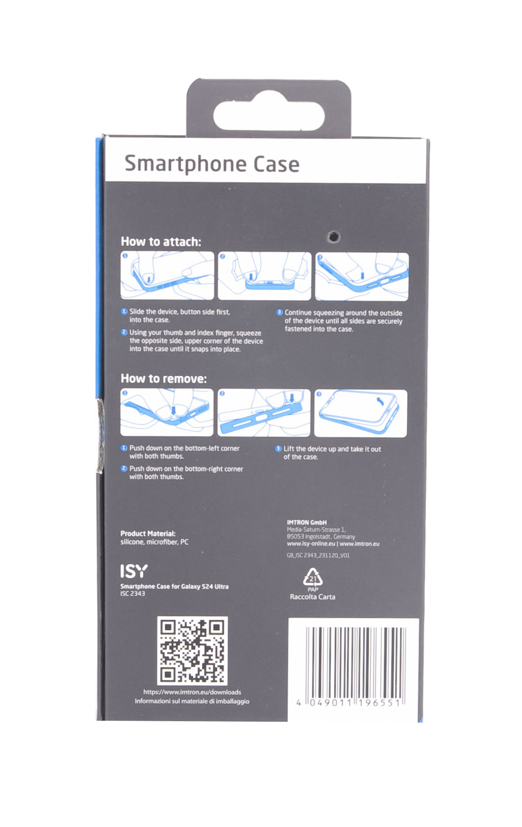 Smartphone-Hüllenverpackung. Anweisungen zum Anbringen und Entfernen der Hülle sind sichtbar.