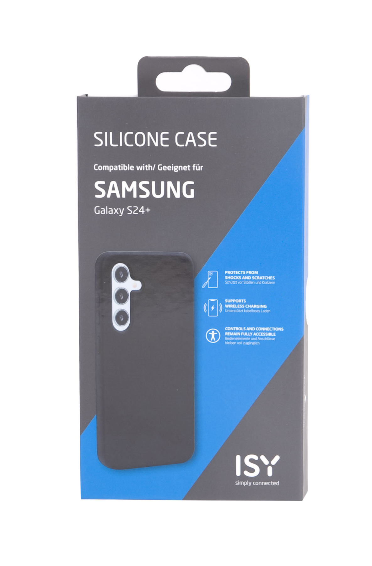 Eine Handyhülle für Samsung Galaxy S24+. Schwarze Hülle mit ISY-Logo wird gezeigt.