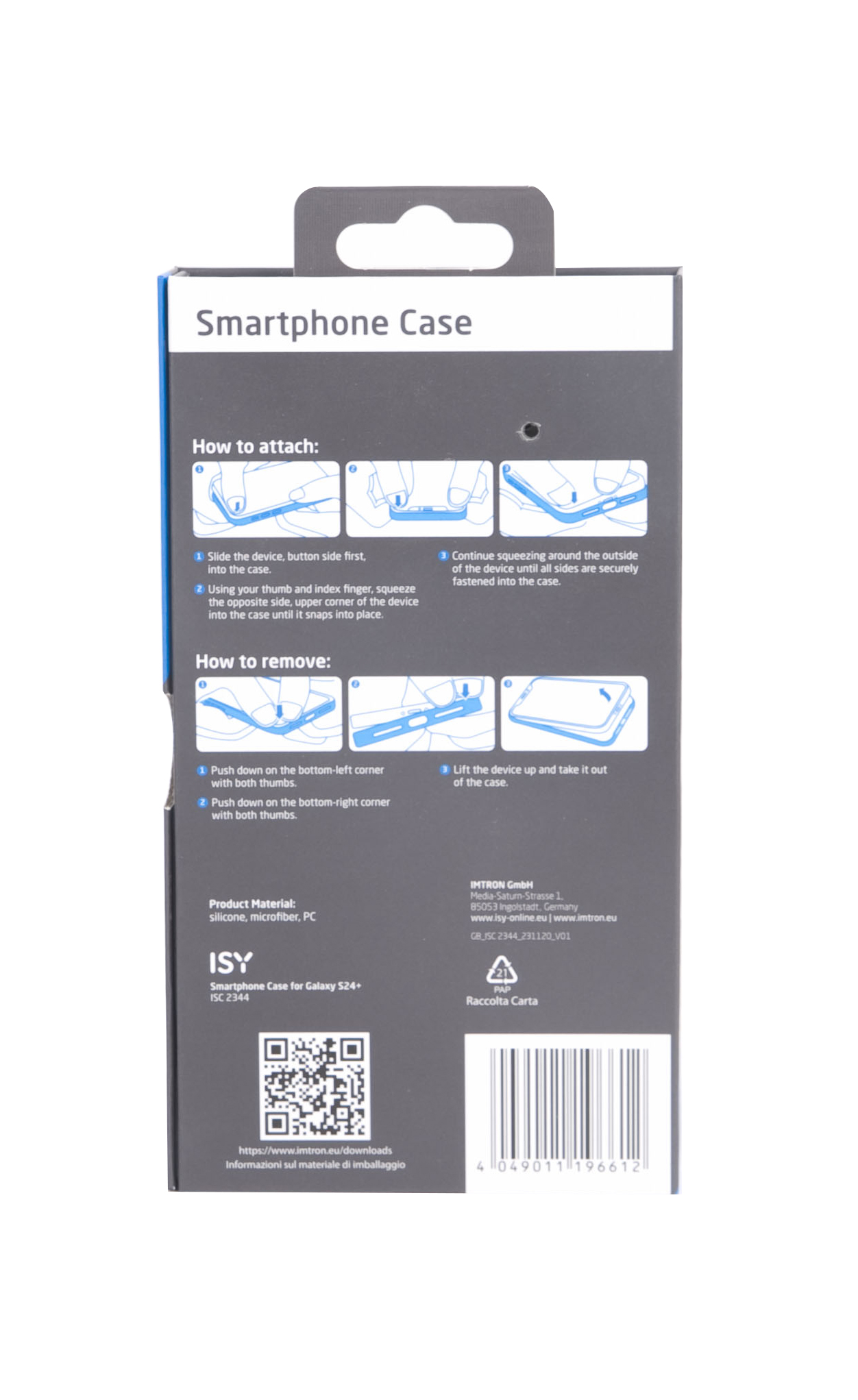 Smartphone-Hüllenverpackung mit Anweisungen. Zeigt, wie man die Hülle anbringt und entfernt.
