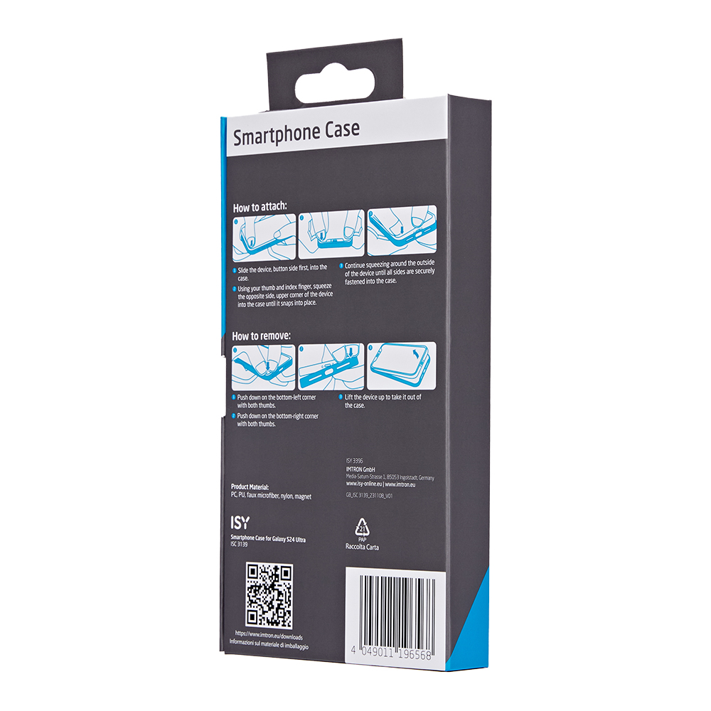 Smartphone-Hüllenverpackung mit Anweisungen und Diagrammen. Die Hülle ist für Samsung Galaxy S24 Ultra.