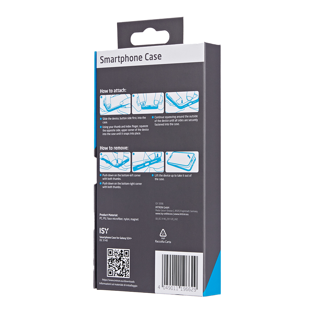 Smartphone-Hüllenverpackung mit Anweisungen und QR-Code.