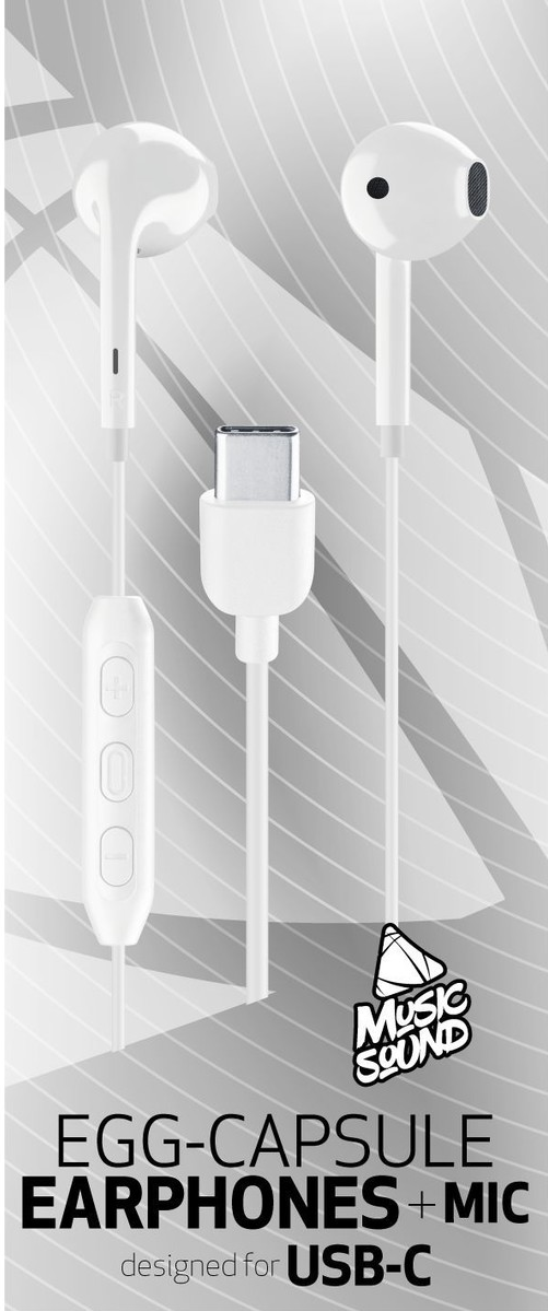 Écouteurs blancs avec connecteur USB-C et panneau de contrôle. Texte : 'EGG-CAPSULE EARPHONES + MIC'.