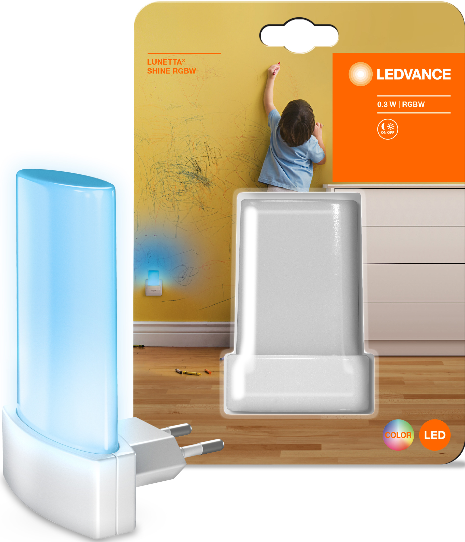 Luce notturna nella confezione, che emette luce blu, con un bambino che disegna sul muro.
