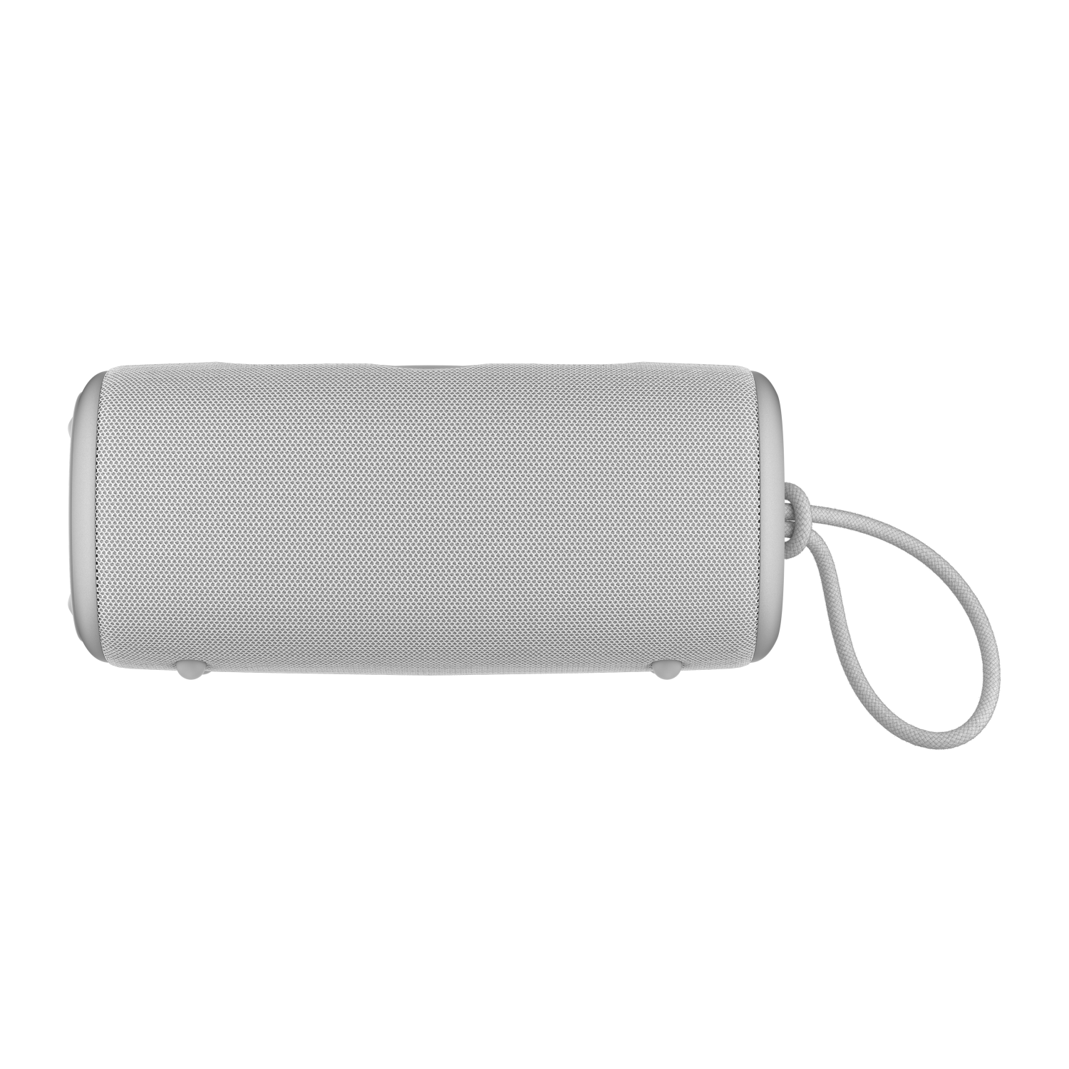 Een witte, cilindrische luidspreker met een handvat, van bovenaf gezien, op een witte achtergrond.