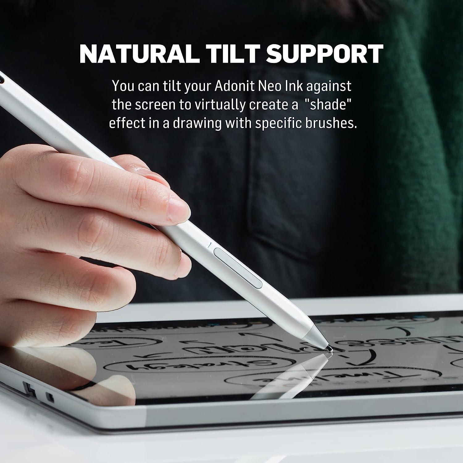Main utilisant un stylet sur une tablette. Texte : SUPPORT D'INCLINAISON NATUREL. Tablette affiche dessin. Fond vert.
