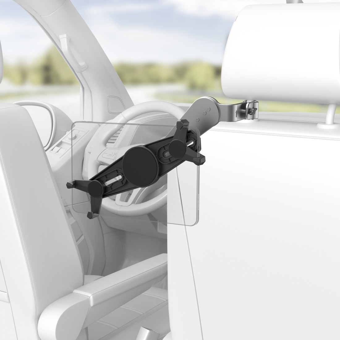 Intérieur de voiture avec un support de tablette fixé à l'appuie-tête. Le support est noir.