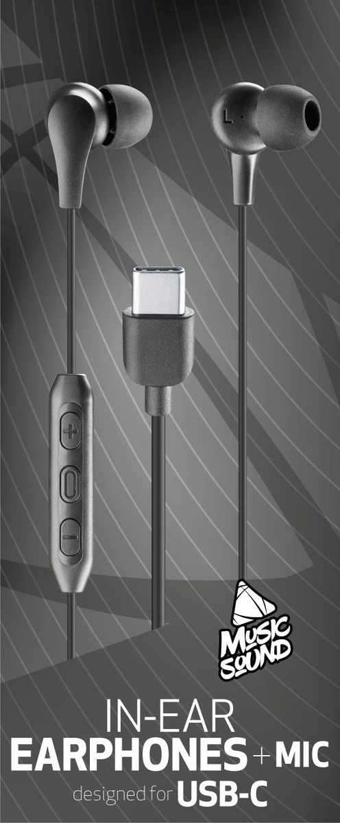 Schwarze In-Ear-Kopfhörer mit USB-C-Anschluss. Text: 'In-Ear-Kopfhörer + Mikrofon'.