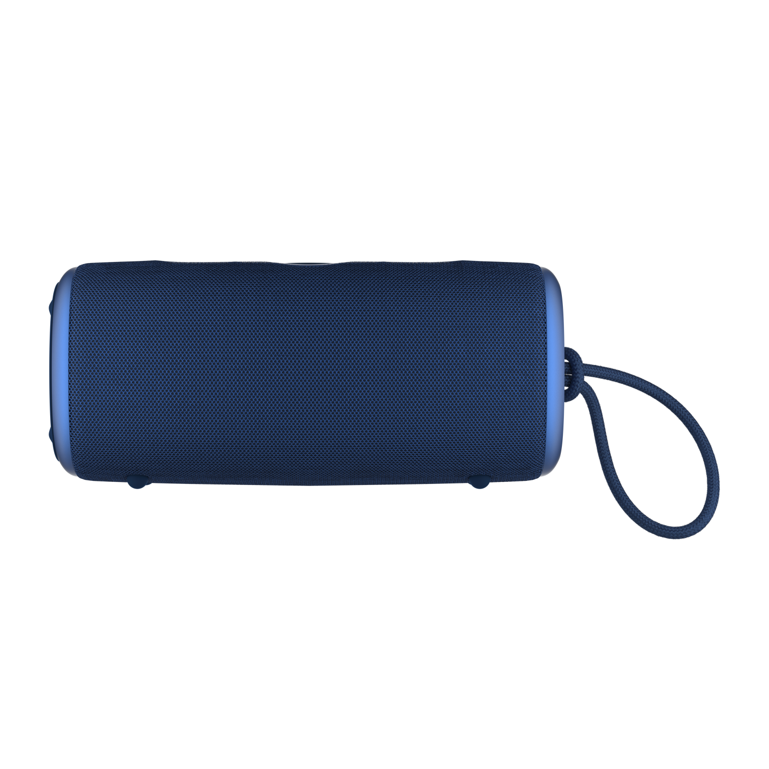Een blauwe cilindrische speaker met een stoffen hoes en een lus, bovenaanzicht op wit.