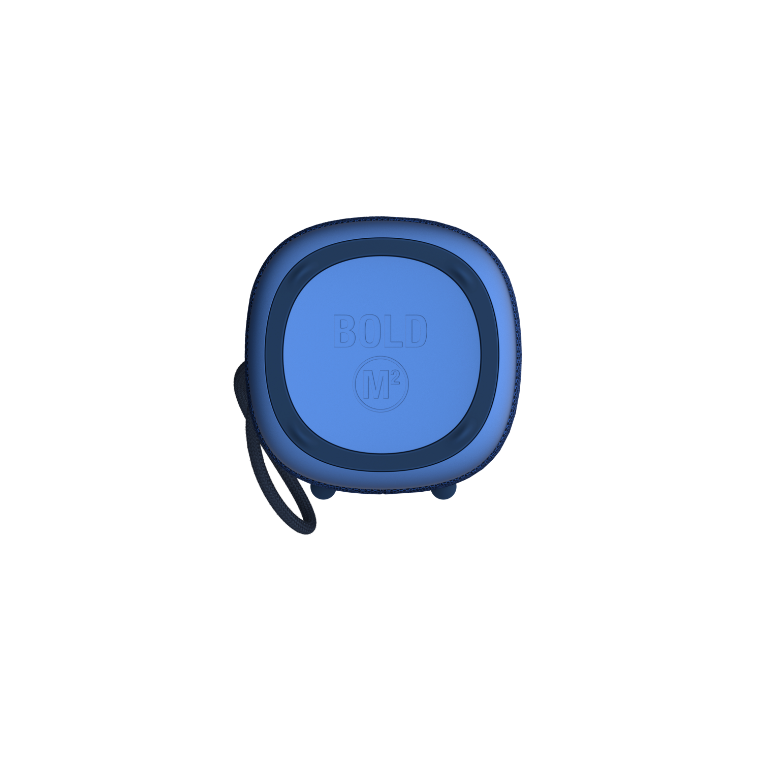 Blauwe en donkerblauwe speaker. Heeft een riem en een knop aan de bovenkant.