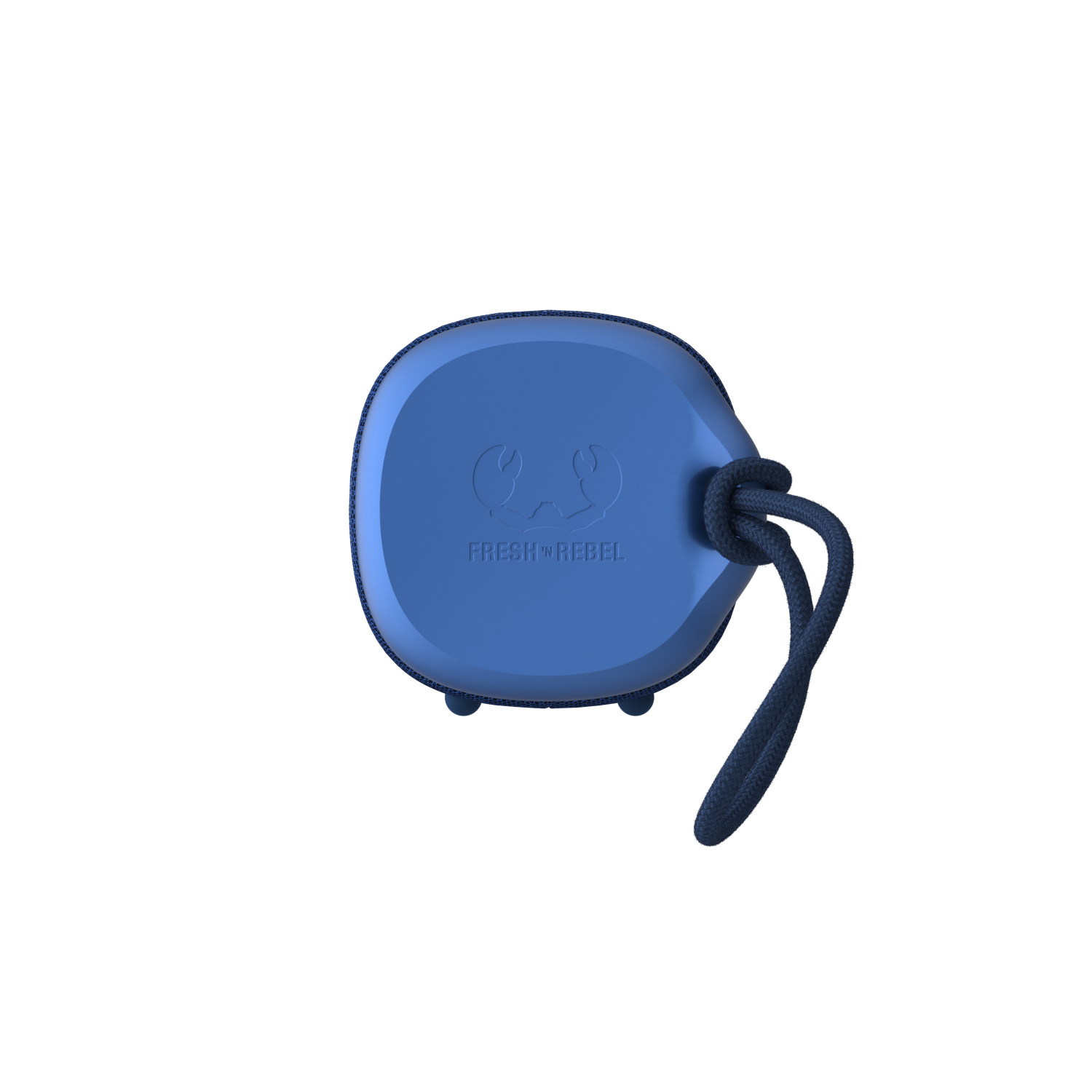 Blauwe luidspreker met een touwhandvat op wit.
