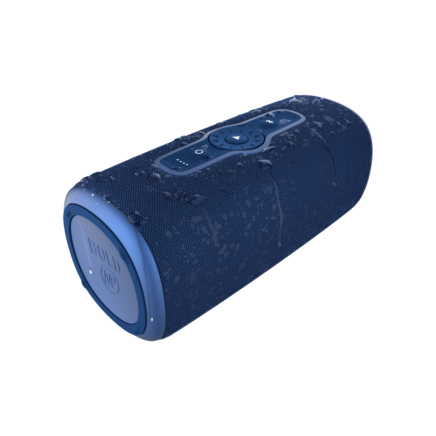 Een blauwe Bold MP-luidspreker. Hij is cilindrisch en toont waterdruppels op het oppervlak.