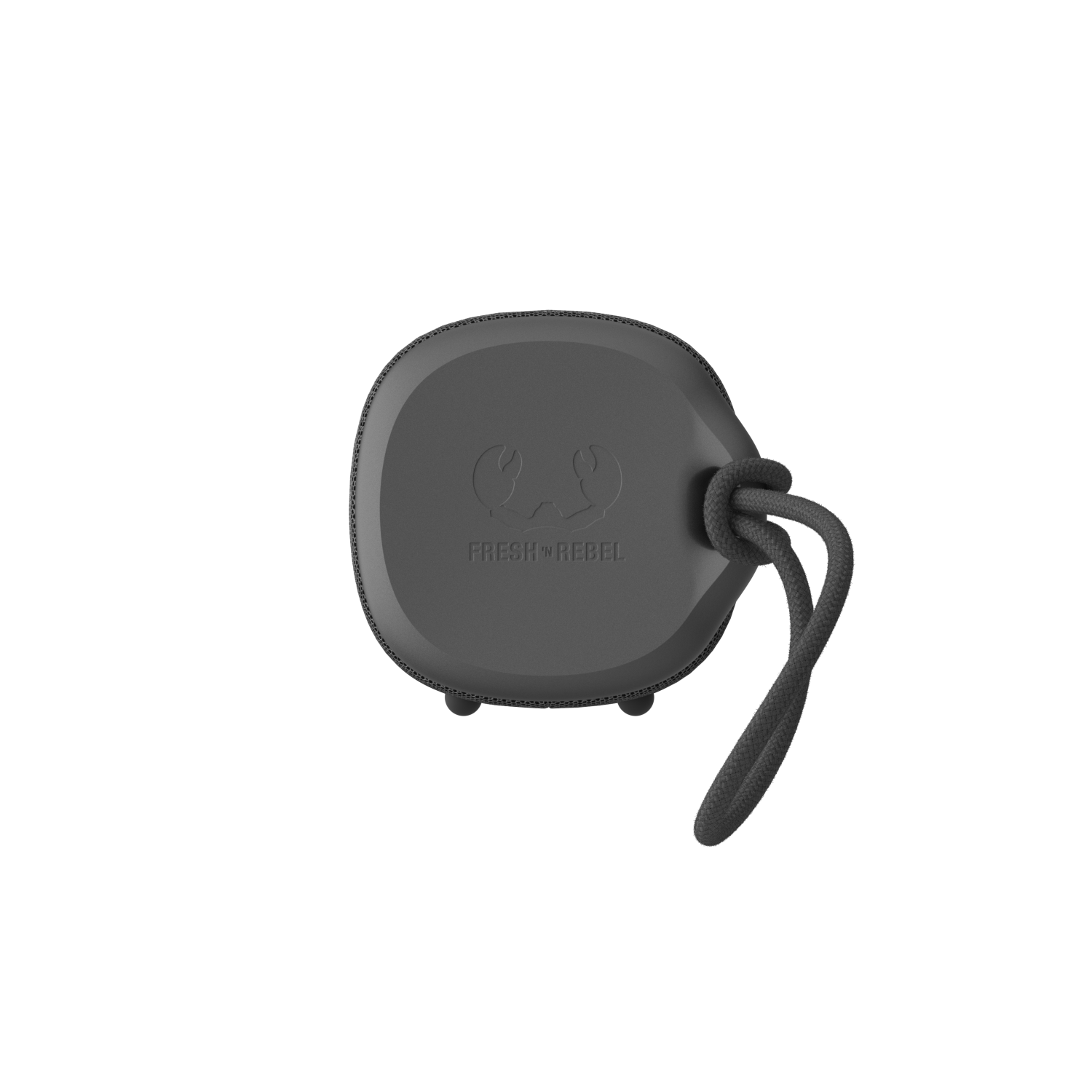 Een zwarte speaker met een grijze touwhandgreep en het 'FRESH REBEL'-logo.