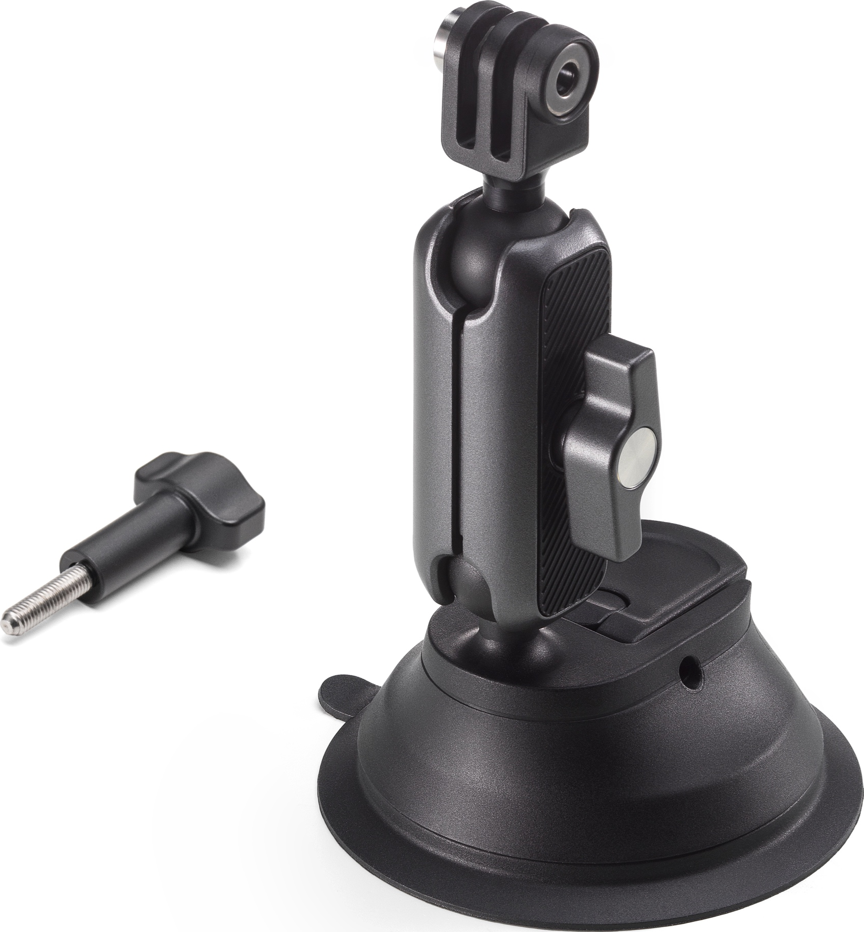 Schwarze GoPro-Saugnapfhalterung mit verstellbarem Arm und Schraube. Die Halterung befindet sich auf weißem Hintergrund.