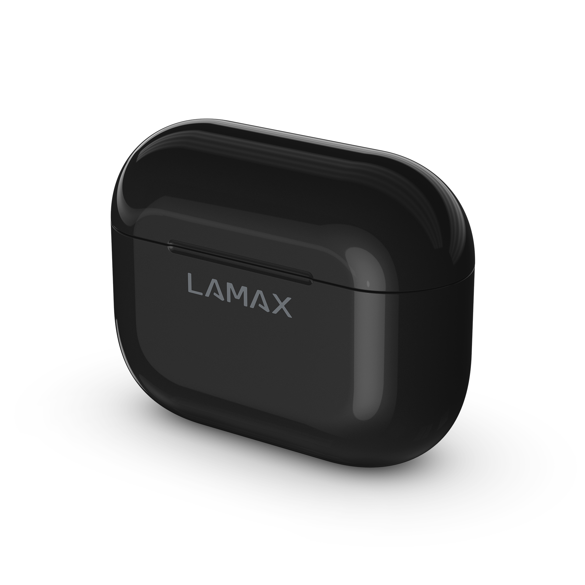 Fekete LAMAX fülhallgató tok fehér felületen, látható márkanévvel.
