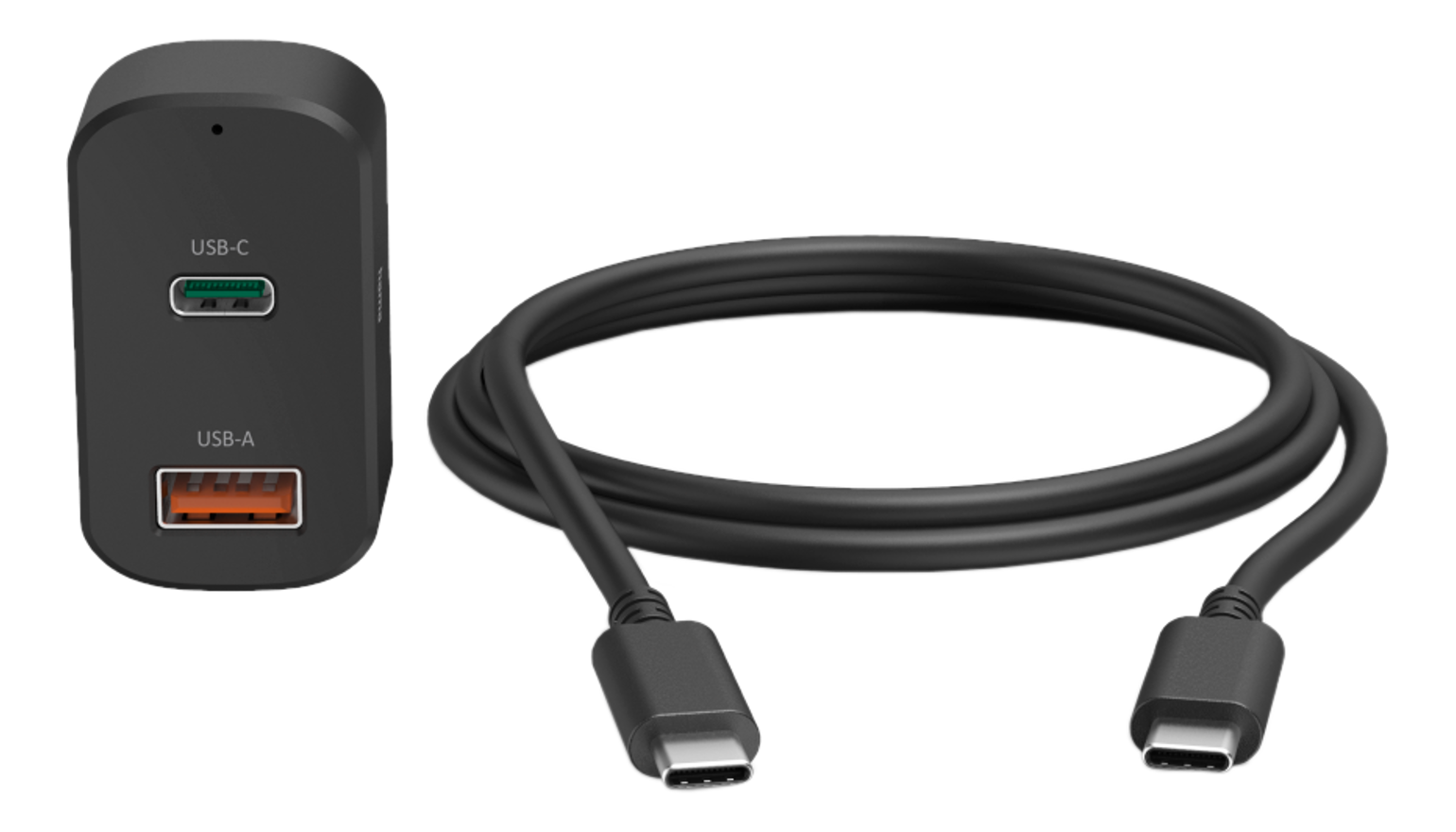 Chargeur et câble USB-C noirs. Le chargeur possède des ports USB-C et USB-A.