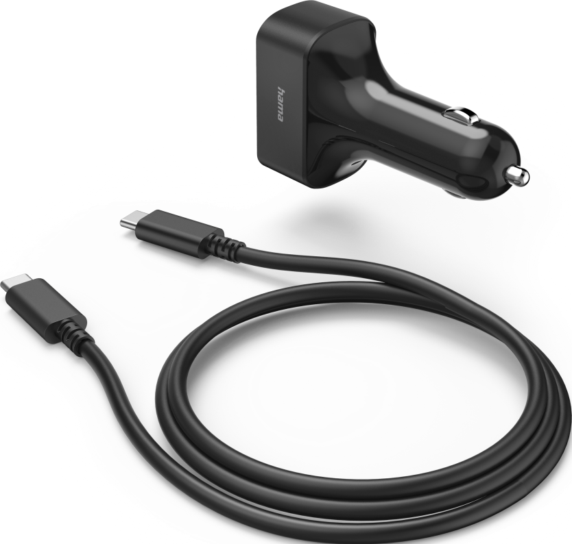 Chargeur de voiture noir avec câble USB-C. Le chargeur est noir et le câble est enroulé.