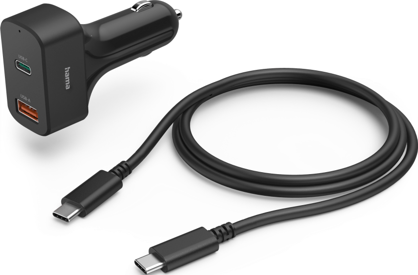 Chargeur de voiture noir avec ports USB-C et USB-A, et un câble USB-C noir sur fond blanc. La marque est Hama.