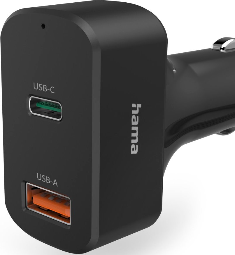 Chargeur de voiture noir avec ports USB-C et USB-A.